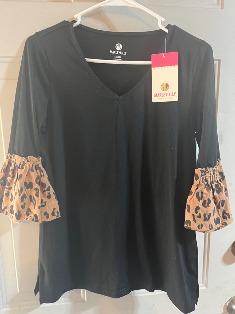 Marley Lilly Black V-Neck Top with Leopard Bell Sleeves